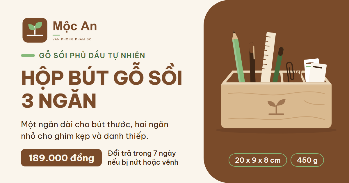 Mẫu ảnh Facebook theo bộ nhận diện Mộc An: hộp bút gỗ sồi 3 ngăn